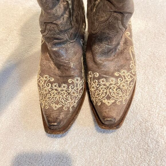 Corral Distressed Brown Cowgirl Boots Bone Embroidery 7.5 Western Cowboy Boho - Picture 12 of 16